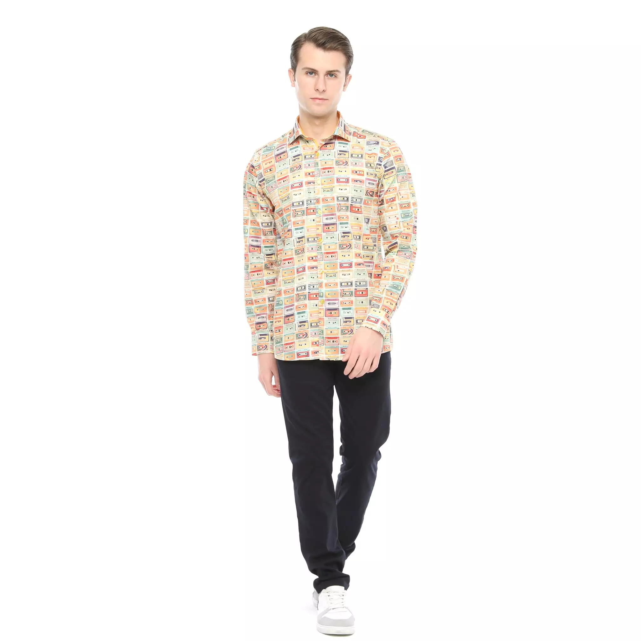 Xact Men's Retro Cassette Tape Print Long Sleeved Shirt, Regular Fit