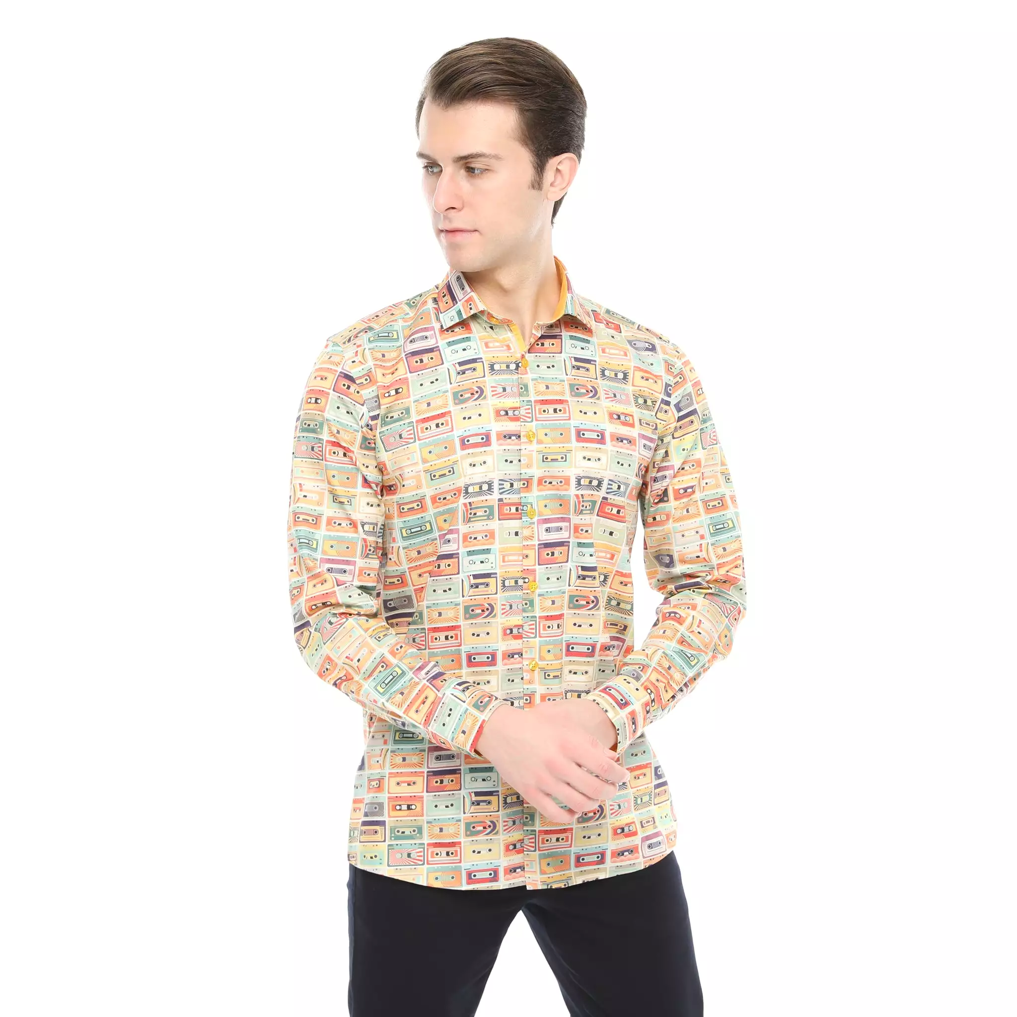 Xact Men's Retro Cassette Tape Print Long Sleeved Shirt, Regular Fit